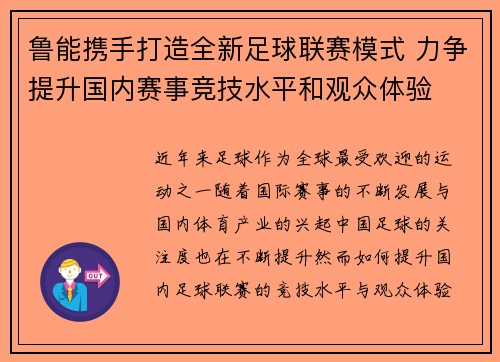 鲁能携手打造全新足球联赛模式 力争提升国内赛事竞技水平和观众体验