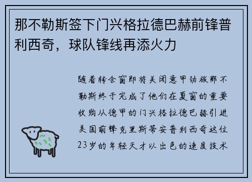 那不勒斯签下门兴格拉德巴赫前锋普利西奇，球队锋线再添火力