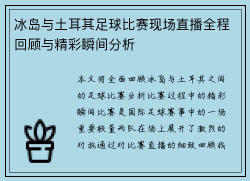 冰岛与土耳其足球比赛现场直播全程回顾与精彩瞬间分析